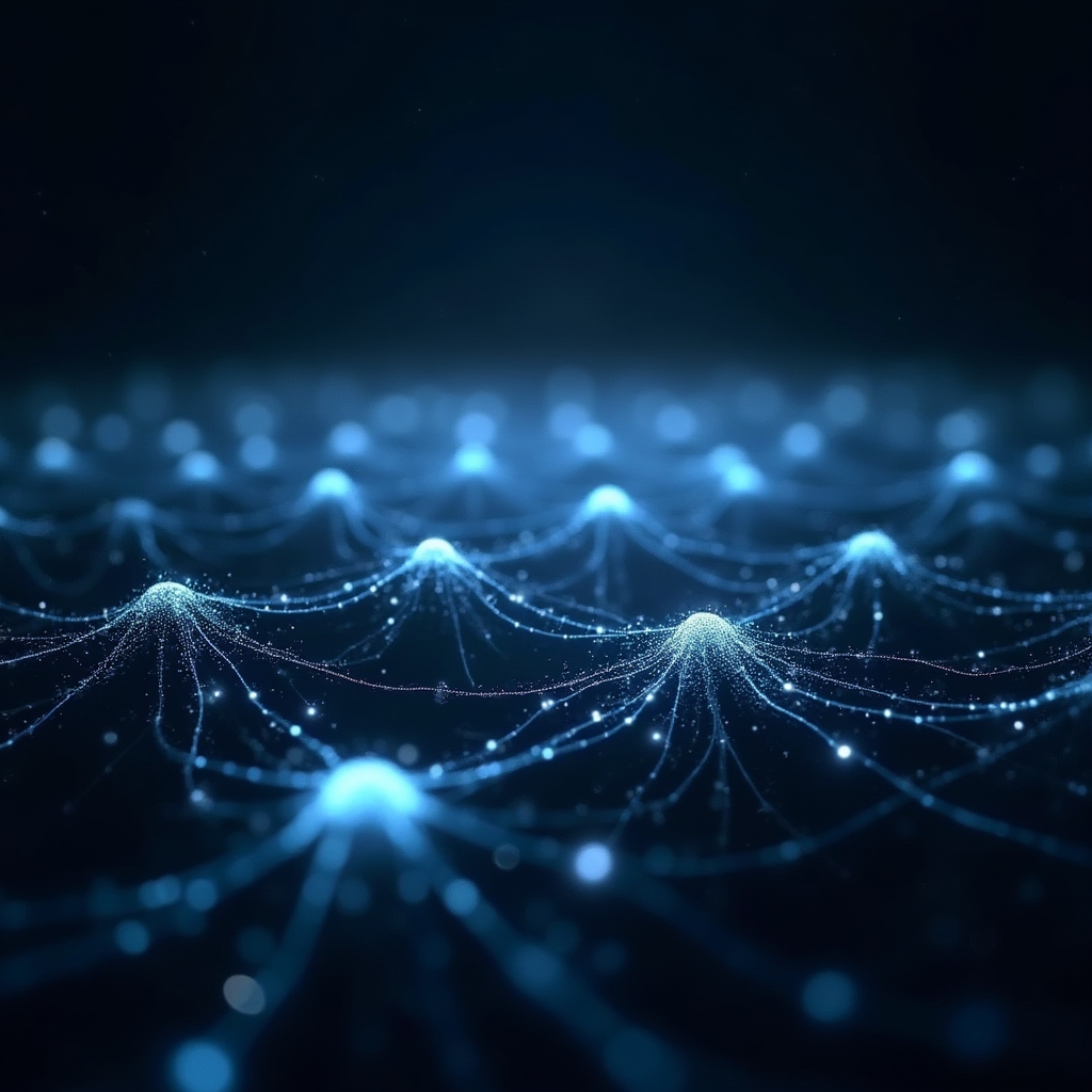 Vizualizare rețea neurală artificială cu noduri interconectate luminoase