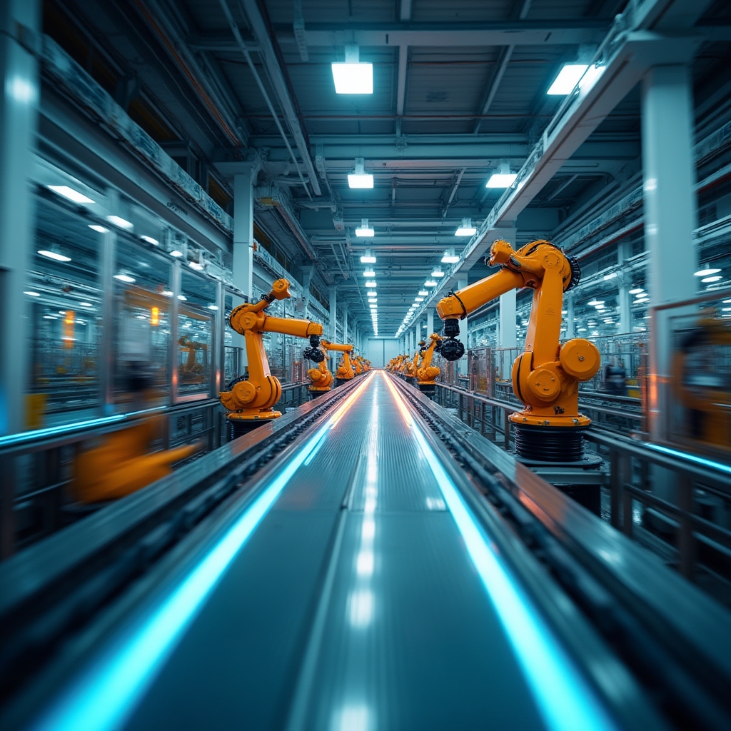 Automatizare industrială cu brațe robotice în fabrică modernă