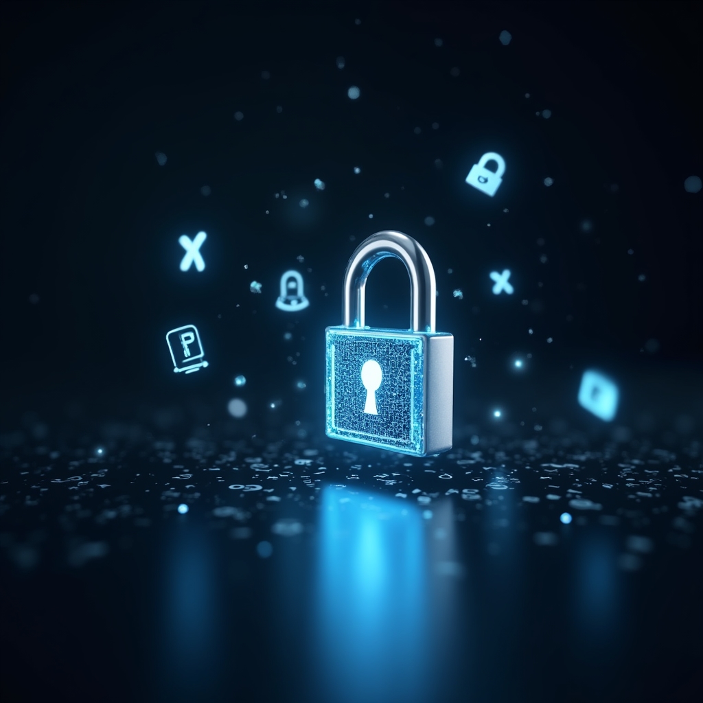 Securitate digitală cu lacăt și parole criptate pe ecran